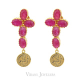 Long Kasu Necklace & Earrings Set W/ Faceted Rubies & Engraved Coins | Long Kasu Necklace & Earrings Set W/ Faceted Rubies & Engraved Coins for women. Necklace ...