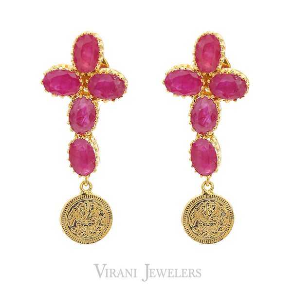 Long Kasu Necklace & Earrings Set W/ Faceted Rubies & Engraved Coins | Long Kasu Necklace & Earrings Set W/ Faceted Rubies & Engraved Coins for women. Necklace ...