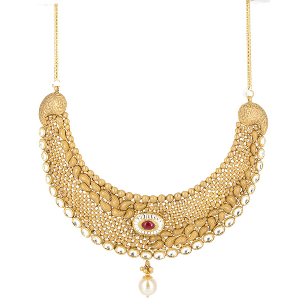 22k Gold Ruby Pearl Necklace and Earrings Set | 