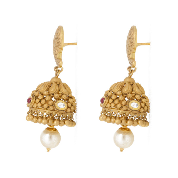 22k Gold Ruby Pearl Necklace and Earrings Set | 