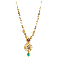 22k Antique Gold Teardrop Pendant Necklace & Earrings Set W/ Ruby, Emerald, & Pearl