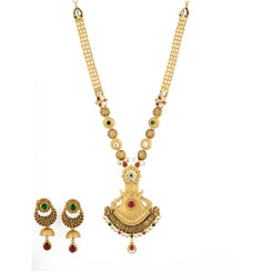 22k Antique Gold Long Pendant Necklace & Chandbali Earrings Set W/ Ruby, Emerald, & Kundan