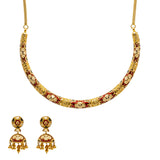 22K Yellow Gold Necklace & Jhumki Earrings Set W/ Meenakari Hand Paint & Beaded Filigree |  22K Yellow Gold Necklace & Jhumki Earrings Set W/ Meenakari Hand Paint & Beaded Filigree...
