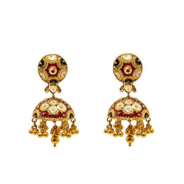 22K Yellow Gold Necklace & Jhumki Earrings Set W/ Meenakari Hand Paint & Beaded Filigree |  22K Yellow Gold Necklace & Jhumki Earrings Set W/ Meenakari Hand Paint & Beaded Filigree...