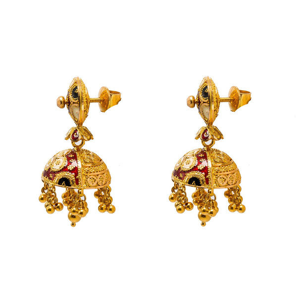 22K Yellow Gold Necklace & Jhumki Earrings Set W/ Meenakari Hand Paint & Beaded Filigree |  22K Yellow Gold Necklace & Jhumki Earrings Set W/ Meenakari Hand Paint & Beaded Filigree...
