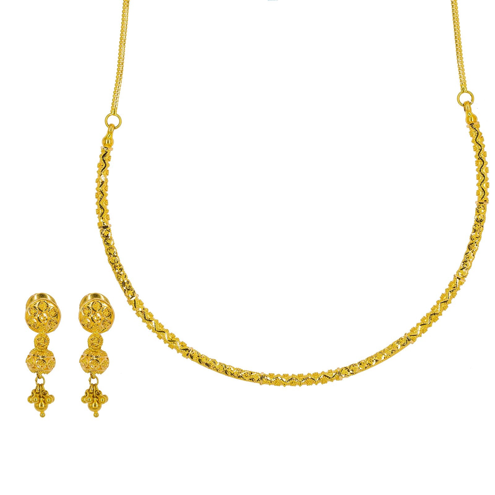 22K Yellow Gold Necklace & Earrings Set W/ Beaded Filigree