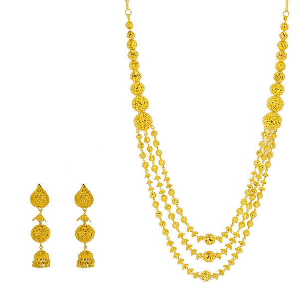 22K Yellow Gold Necklace & Jhumki Drop Earrings Set W/ Gold Balls & Cap Accents |  22K Yellow Gold Necklace & Jhumki Drop Earrings Set W/ Gold Balls & Cap Accents for wome...