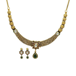 22K Gold Ruby Emerald Kundan Floral Necklace & Earrings Set