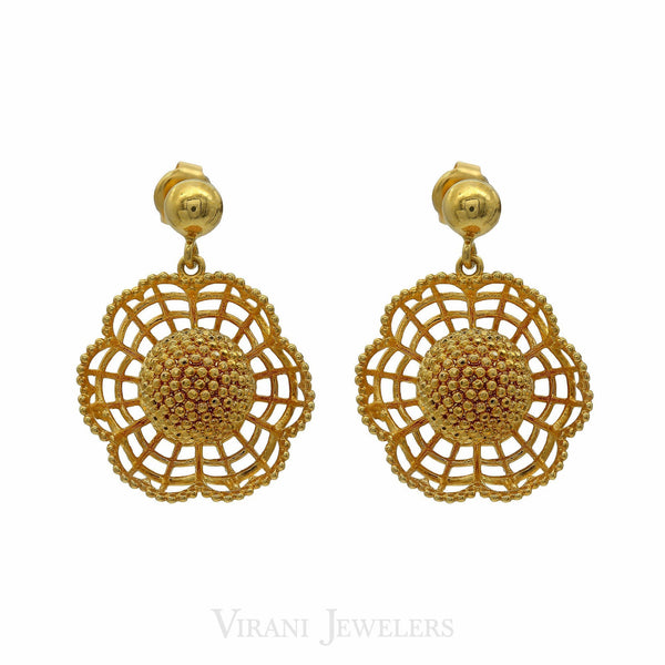 22K Yellow Gold Necklace & Earrings Set W/ Web Pendant & Textured Bead Balls | 22K Yellow Gold Necklace & Earrings Set W/ Web Pendant & Textured Bead Balls for women. B...