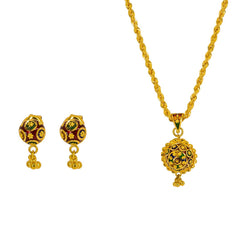 22K Yellow Gold Pendant Necklace & Earrings Set W/ Faceted Enamel Ball Pendant