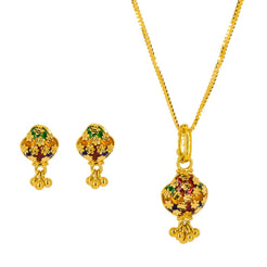 22K Yellow Gold Pendant Necklace & Earrings Set W/ Enamel Designs & Flower Decals