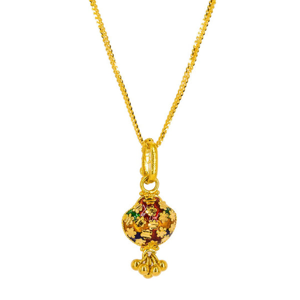 22K Yellow Gold Pendant Necklace & Earrings Set W/ Enamel Designs & Flower Decals | 22K Yellow Gold Pendant Necklace & Earrings Set W/ Enamel Designs & Flower Decals for wom...