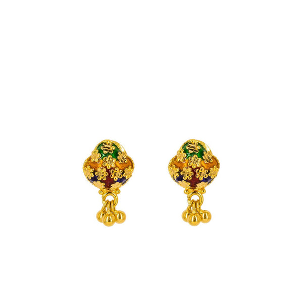 22K Yellow Gold Pendant Necklace & Earrings Set W/ Enamel Designs & Flower Decals | 22K Yellow Gold Pendant Necklace & Earrings Set W/ Enamel Designs & Flower Decals for wom...