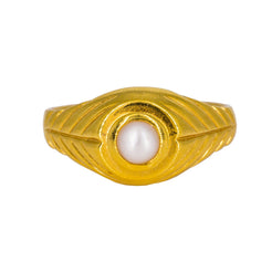 22K Yellow Gold Men's Ring W/ Precious Pearl & Artisanal Leaf Details