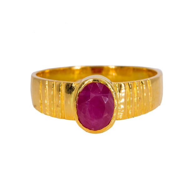 22K Yellow Gold Men's Ring W/ Ruby & Semi-Lined Band |  22K Yellow Gold Men's Ring W/ Ruby & Semi-Lined Band. This radiant 22K yellow gold men's rin...