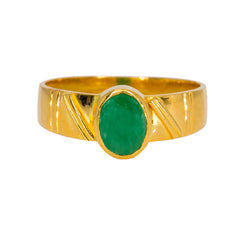 22K Yellow Gold Men's Ring W/ Emerald & Faceted Band