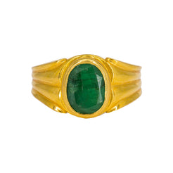 22K Yellow Gold Men's Ring W/ Emerald & Vintage Ribbed Setting