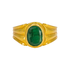 22K Yellow Gold Men's Ring W/ Emerald & Vintage Ribbed Setting