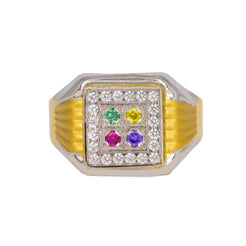 22K Multi Tone Gold Men's Signet Ring W/ Ruby, Emerald, Sapphire & CZ Gems