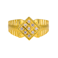22K Yellow Gold Men's Ring W/ CZ Gems & Belted Ribbed Shank