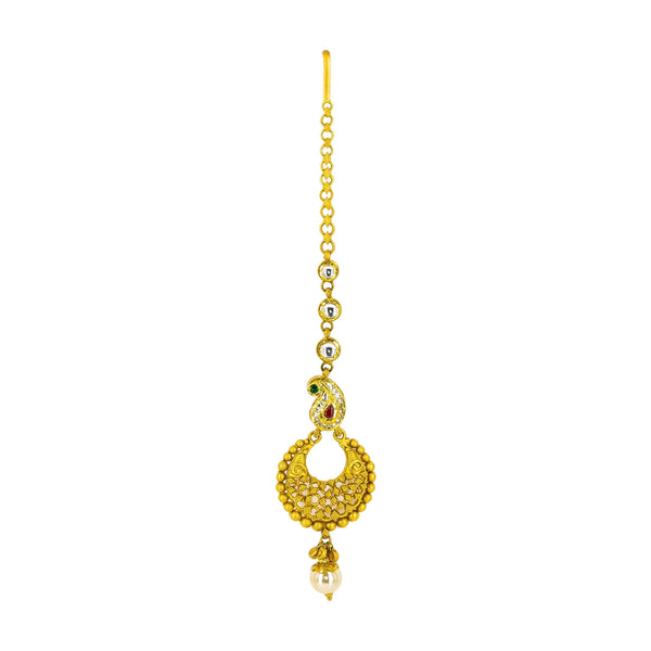 22K Antique Gold Tikka W/ Emerald, Ruby, Kundan & Pearl | 22K Antique Gold Tikka W/ Emerald, Ruby, Kundan & Pearl for women. This beautiful traditional...