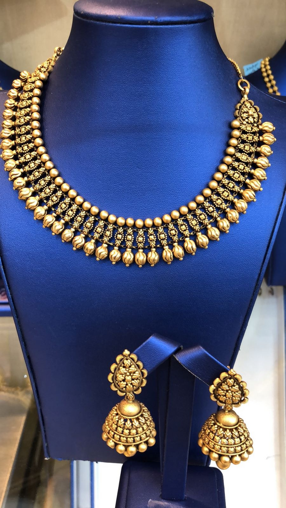 22K Antique Gold Fan Statement Necklace & Jhumkis Earrings Set | 22K Antique Gold Statement Necklace & Jhumkis Earrings Set for women. Gold weight is 80.7 grams.