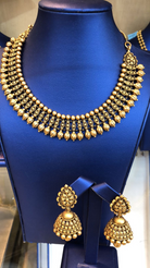 22K Antique Gold Fan Statement Necklace & Jhumkis Earrings Set