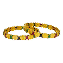 Set of two 22K yellow gold bangles featuring rubies, emeralds, black sapphires, and Laxmi Kasu.