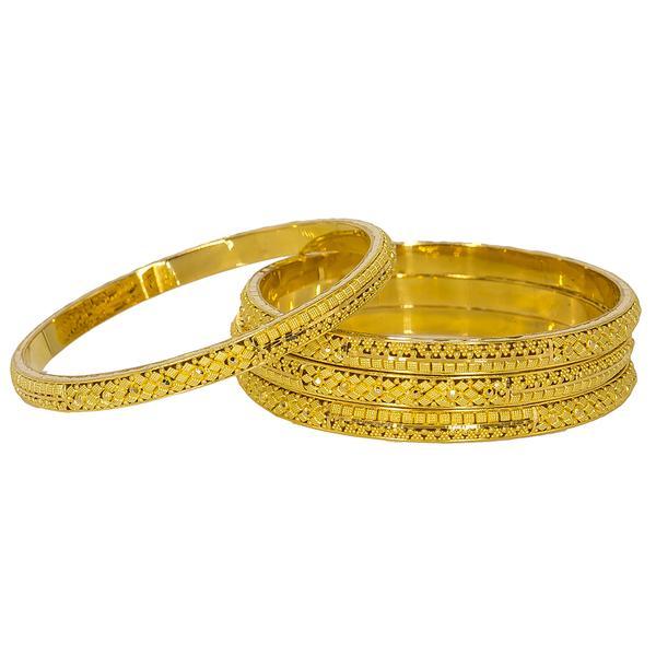 Set of four 22K gold bangles from Virani Jewelers with stunning details and thick filigree around each band. | Create an outfit that’s as unique as you with this set of four 22K gold bangles from Virani Jewel...