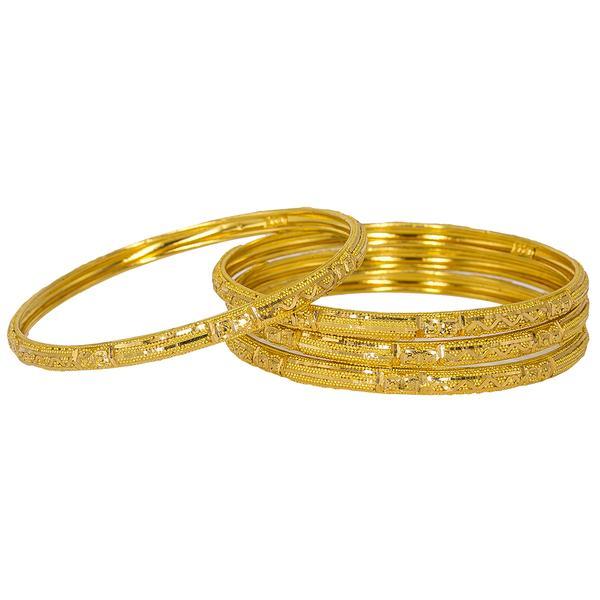 Set of four 22K yellow gold bangles featuring beaded filigree details and intricate details around each band. | Add the radiant beauty of 22K gold to your wardrobe with this set of four 22K gold bangles from V...