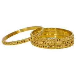 Four stunning 22K Indian gold bangles from Virani Jewelers featuring intricate beaded filigree.