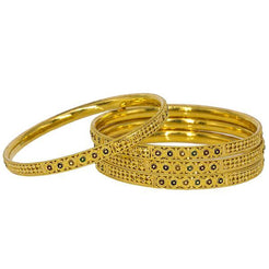 Set of four beautiful 22K bangles with enamel flower details from Virani Jewelers.