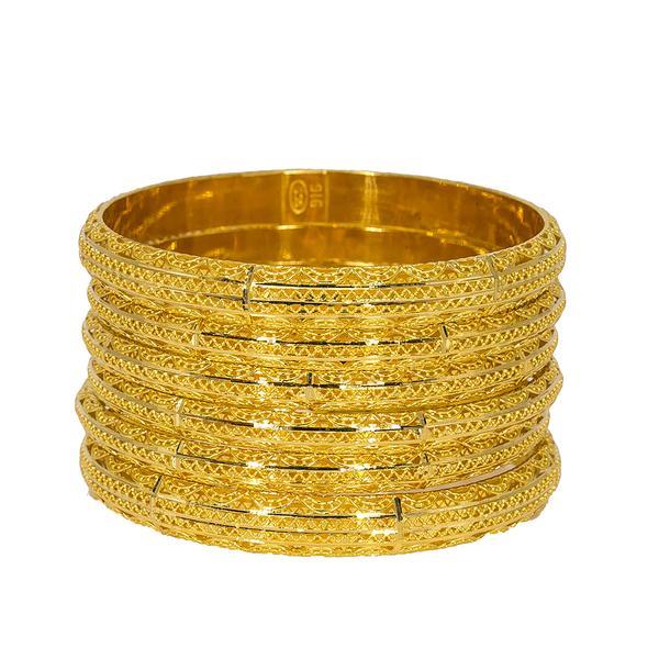 Beautiful set of six 22K bangles from Virani Jewelers featuring laser-cut designs. | Accent your outfit with this set of six 22K gold bangles from Virani Jewelers!Features:

Radiant ...