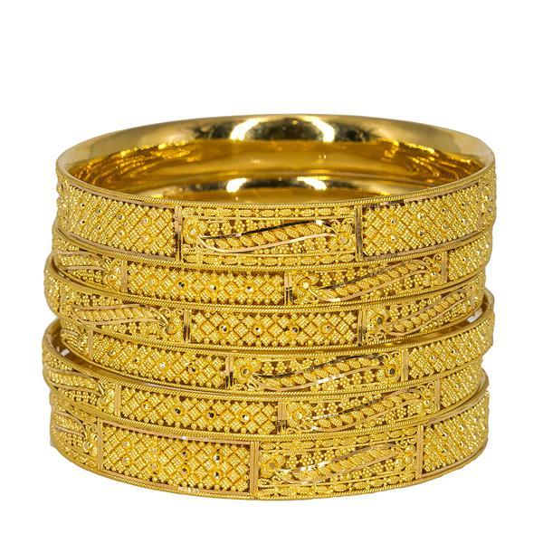 Stunning set of six 22K Indian gold bangles from Virani Jewelers featuring sectioned beaded filigree details around each band. | Add the best in 22K gold to your wrists with this set of six yellow gold bangles from Virani Jewe...