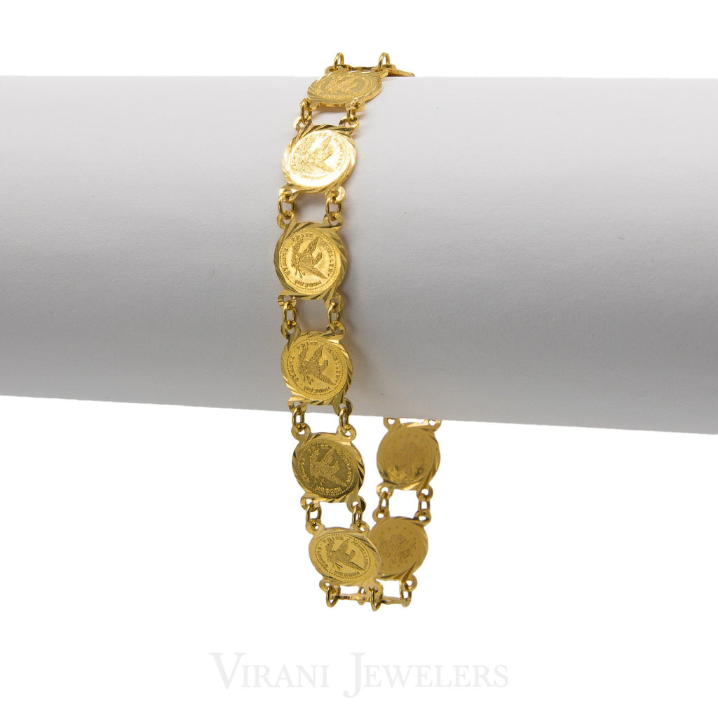 22K Yellow Gold Coin Link Peace Bracelet | 22K Yellow Gold Coin Link Peace Bracelet for women. Coins are engraved with symbols of peace whic...