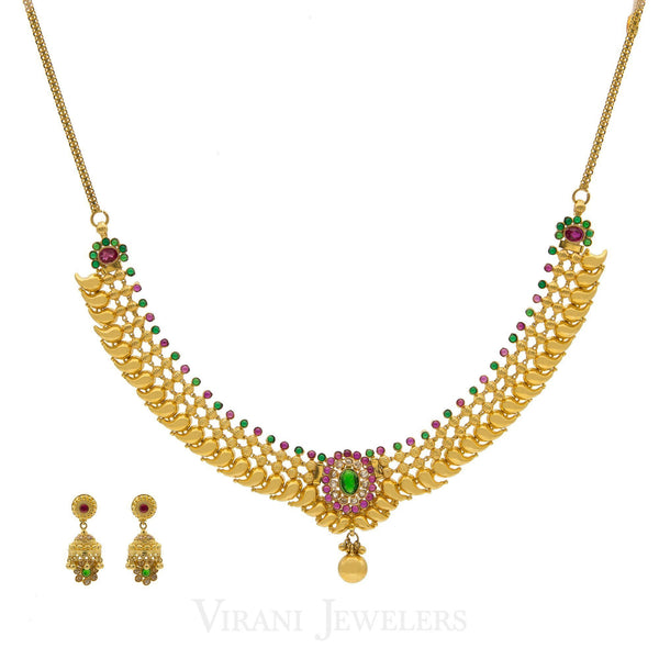 22K Gold Mango Studded Necklace and Earrings W/ CZ, Ruby & Emerald Stones | 22K Gold Mango Studded Necklace and Earrings W/ CZ, Ruby & Emerald Stones for women. Necklace...