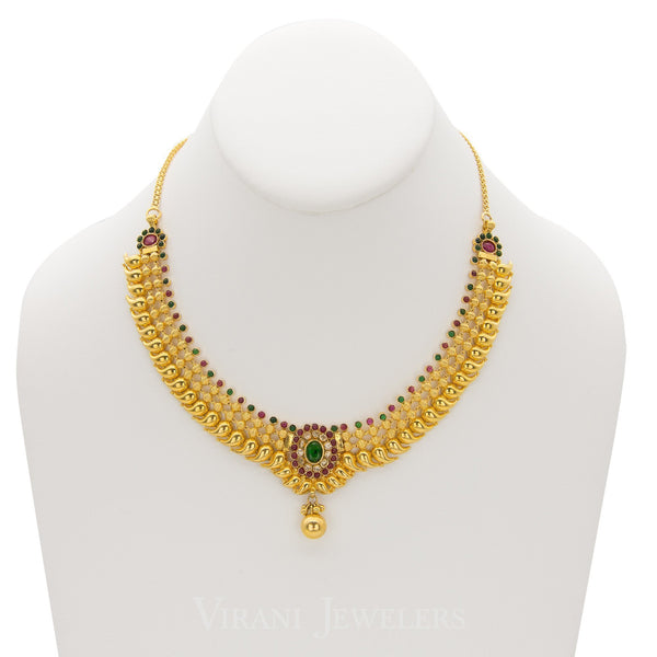 22K Gold Mango Studded Necklace and Earrings W/ CZ, Ruby & Emerald Stones | 22K Gold Mango Studded Necklace and Earrings W/ CZ, Ruby & Emerald Stones for women. Necklace...