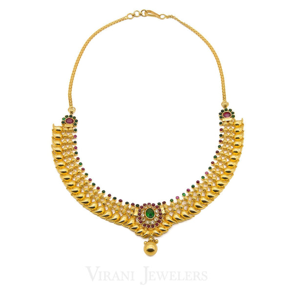 22K Gold Mango Studded Necklace and Earrings W/ CZ, Ruby & Emerald Stones | 22K Gold Mango Studded Necklace and Earrings W/ CZ, Ruby & Emerald Stones for women. Necklace...