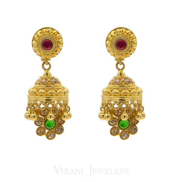 22K Gold Mango Studded Necklace and Earrings W/ CZ, Ruby & Emerald Stones | 22K Gold Mango Studded Necklace and Earrings W/ CZ, Ruby & Emerald Stones for women. Necklace...